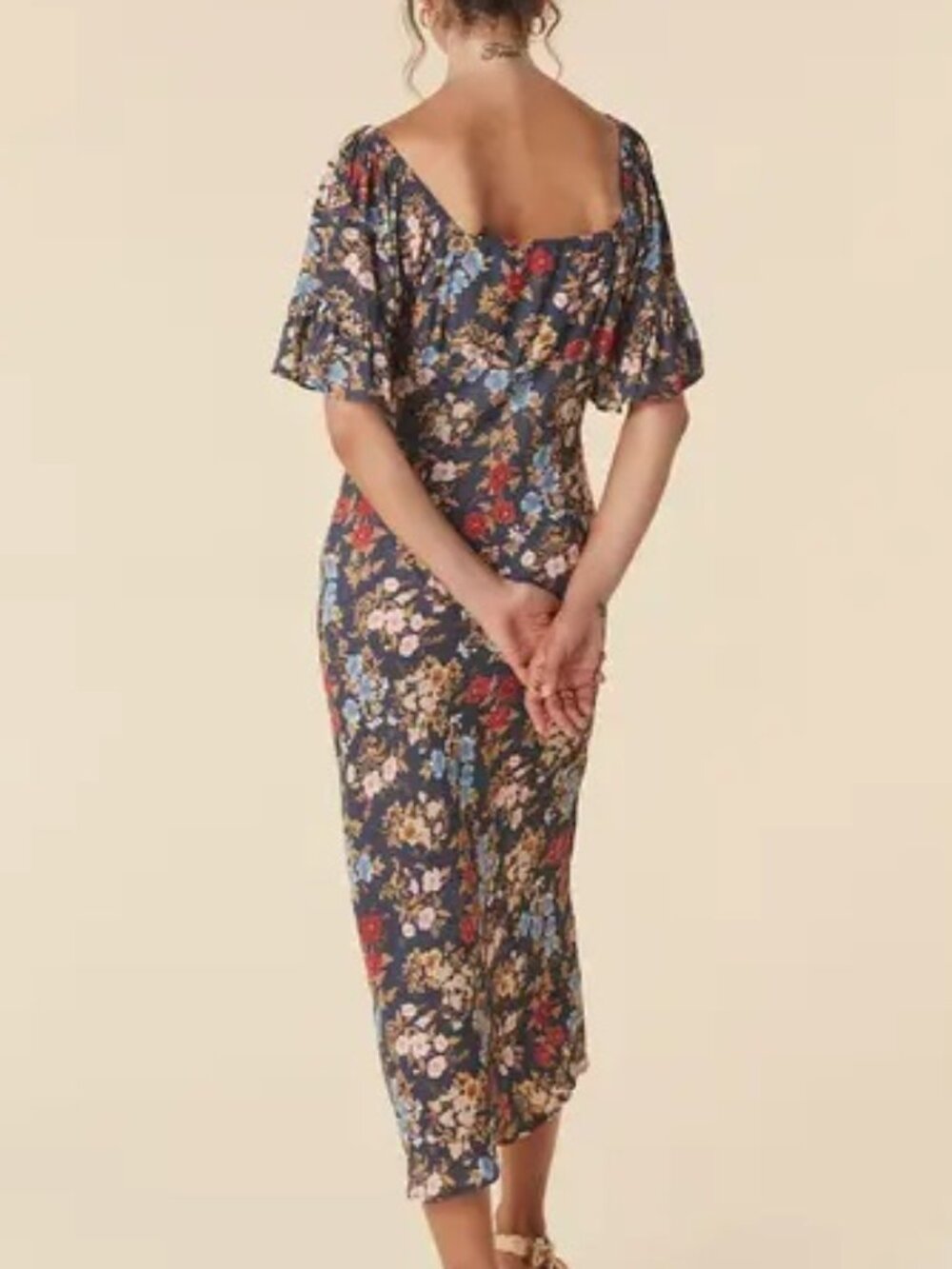 SPELL Flora Midi Dress S Mystic Blue Floral Print Flutter Sleeve Boho Resortwear - Picture 7 of 8